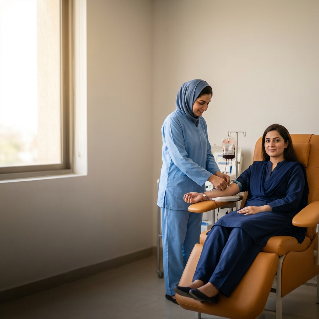 Blood donor in a donation chair with a nurse in a clinic setting